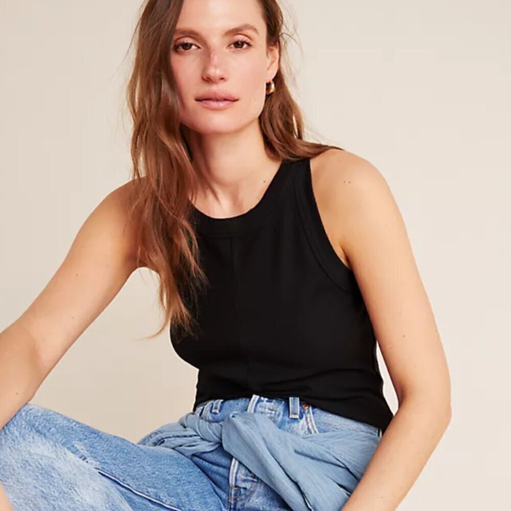 By Anthropologie Black Sleeveless Basic Split Hem Tank Top Size Small